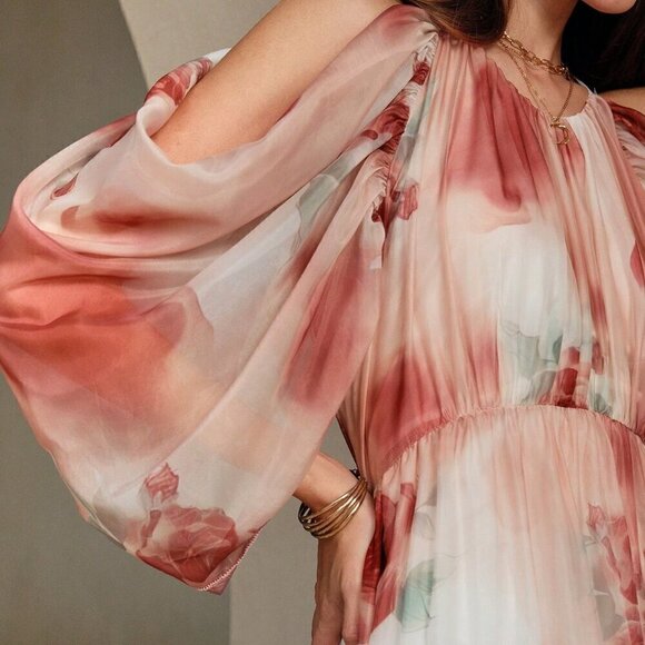 Multicolor Boho Women's Beach Style Silk Halter Neck Drop-Shoulder Floral Dress - Picture 2 of 7